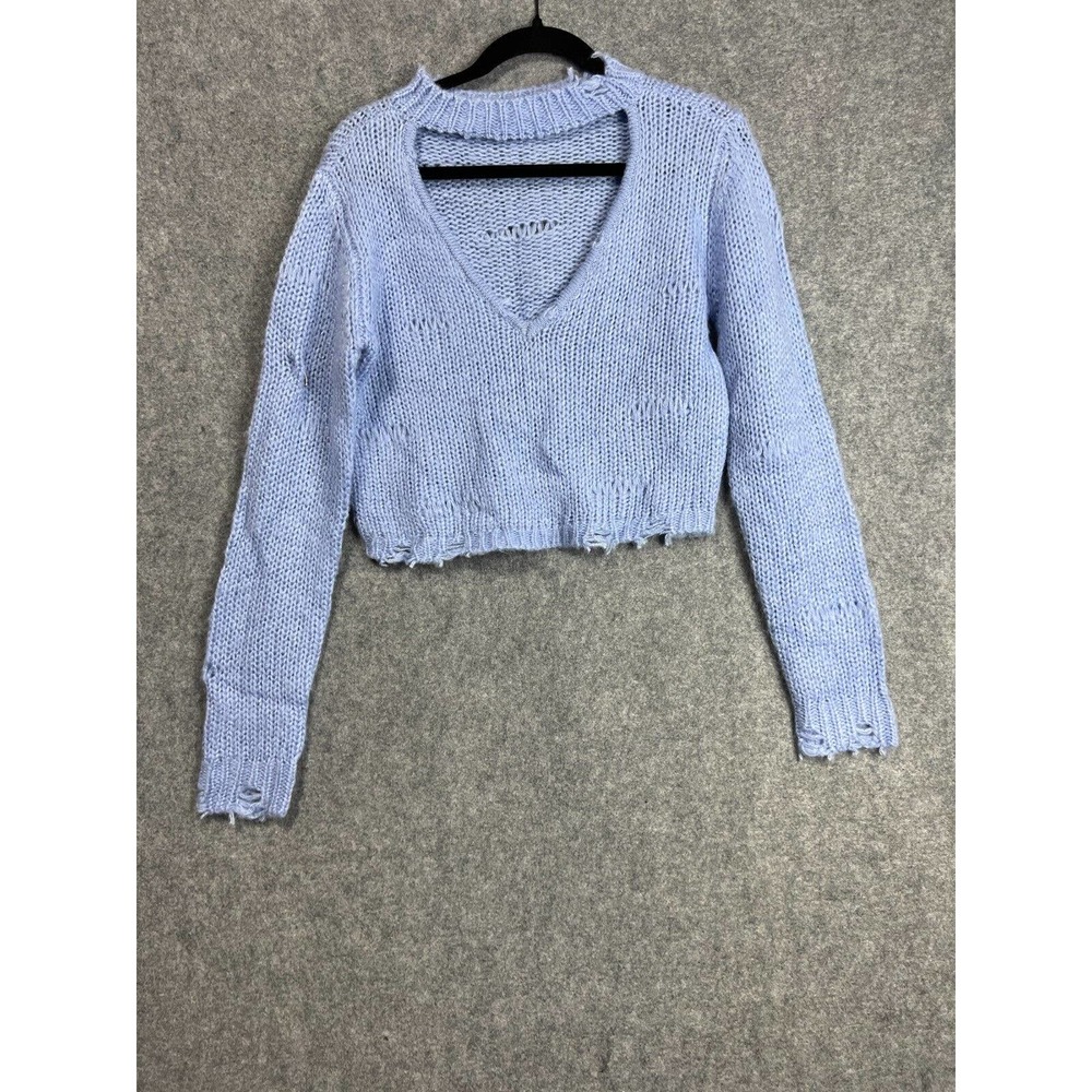 Revolve Sweater Women Small Blue Small Cropped Cut Out High Neck Distressed Crop